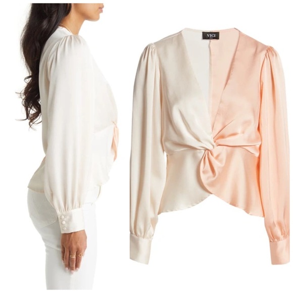 NWT Peach & Cream Color Block Twisted Front Blouse - Picture 2 of 11
